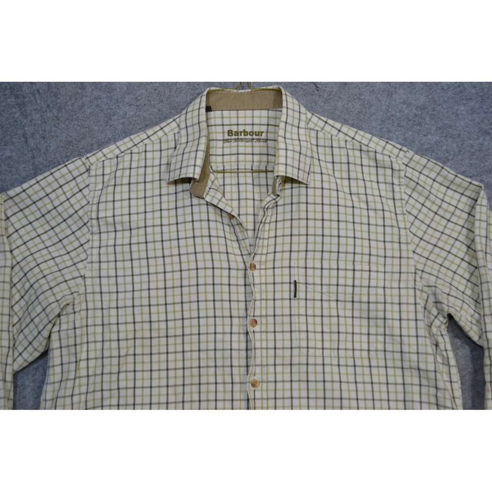 Barbour Tattersall Shirt Mens L Beige Check Button Up Long Sleeve Flannel Casual